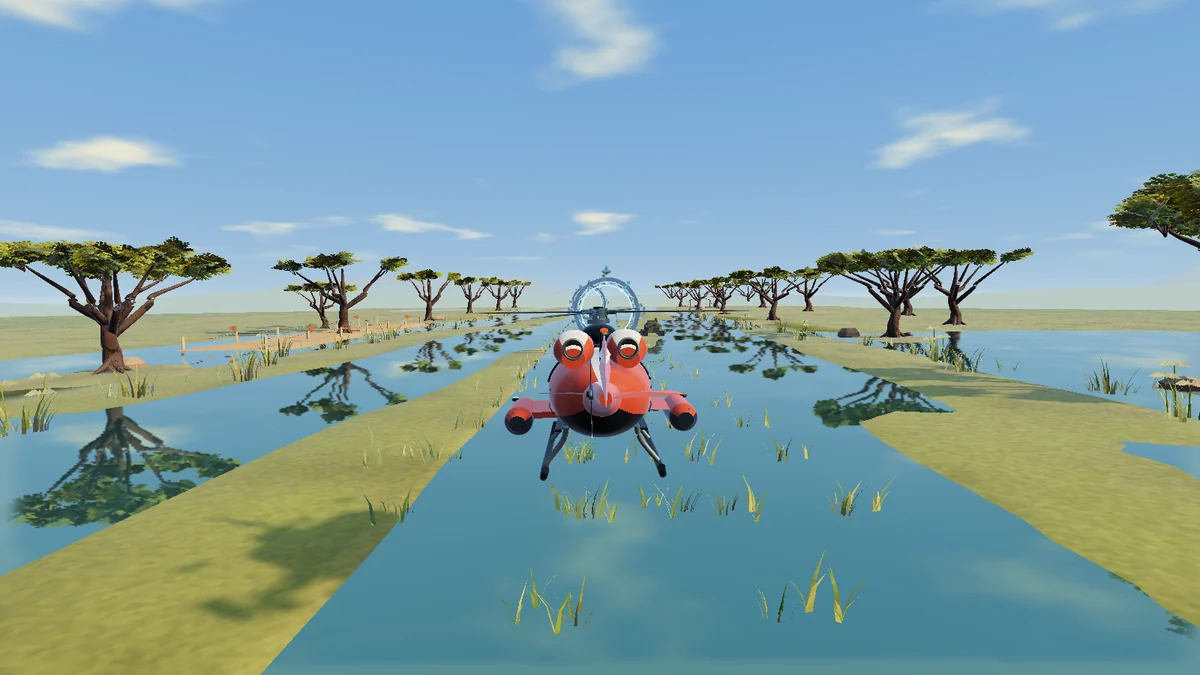 Coral helicopter flying over waterways and wooded islands in the Okavango game world