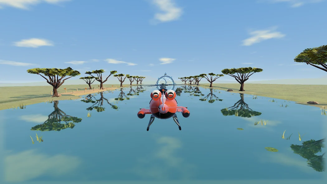 Helicopter above open lagoon water and acacia-covered islands