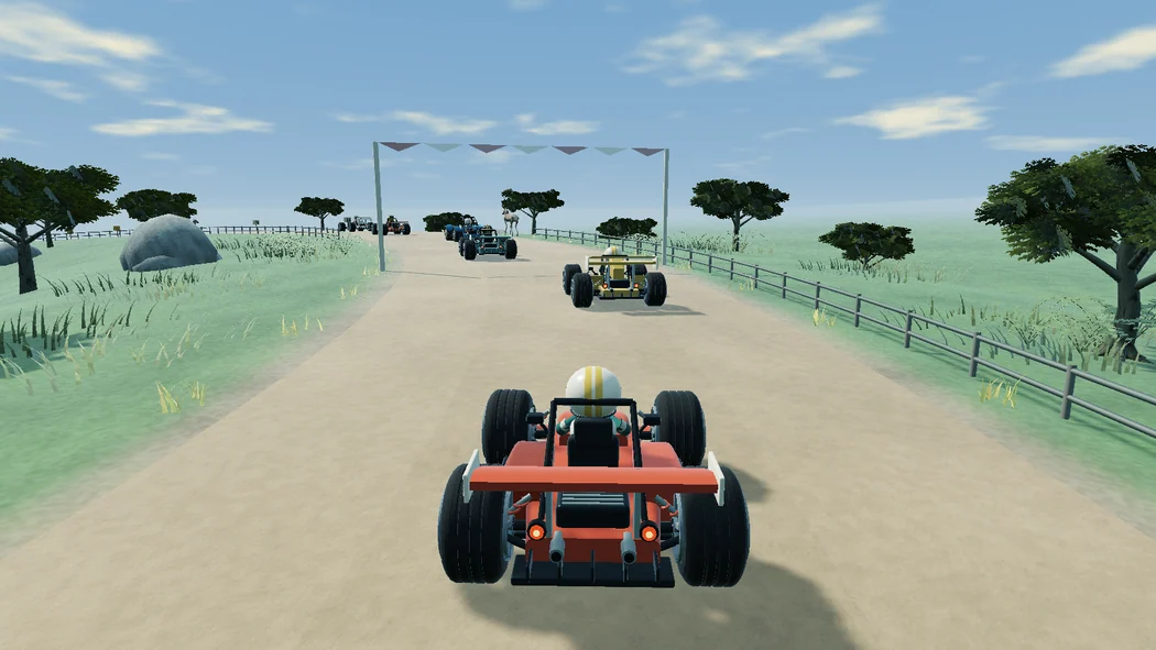 A six-car race on a highland circuit with green slopes and scattered trees